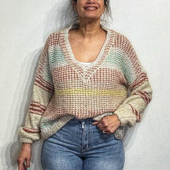 Adora Rory Striped Chunky Knit Oversized V-Neck Sweater Sz M - Picture 1 of 11